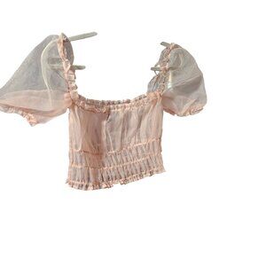 Sheer Peach Organza Puff Sleeve Smocked Crop Top - Forever 21 - Size M